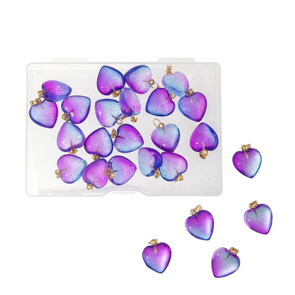 1224 24pcs Heart Shape Glass Pendants, Purple Love Heart Crystal Charms